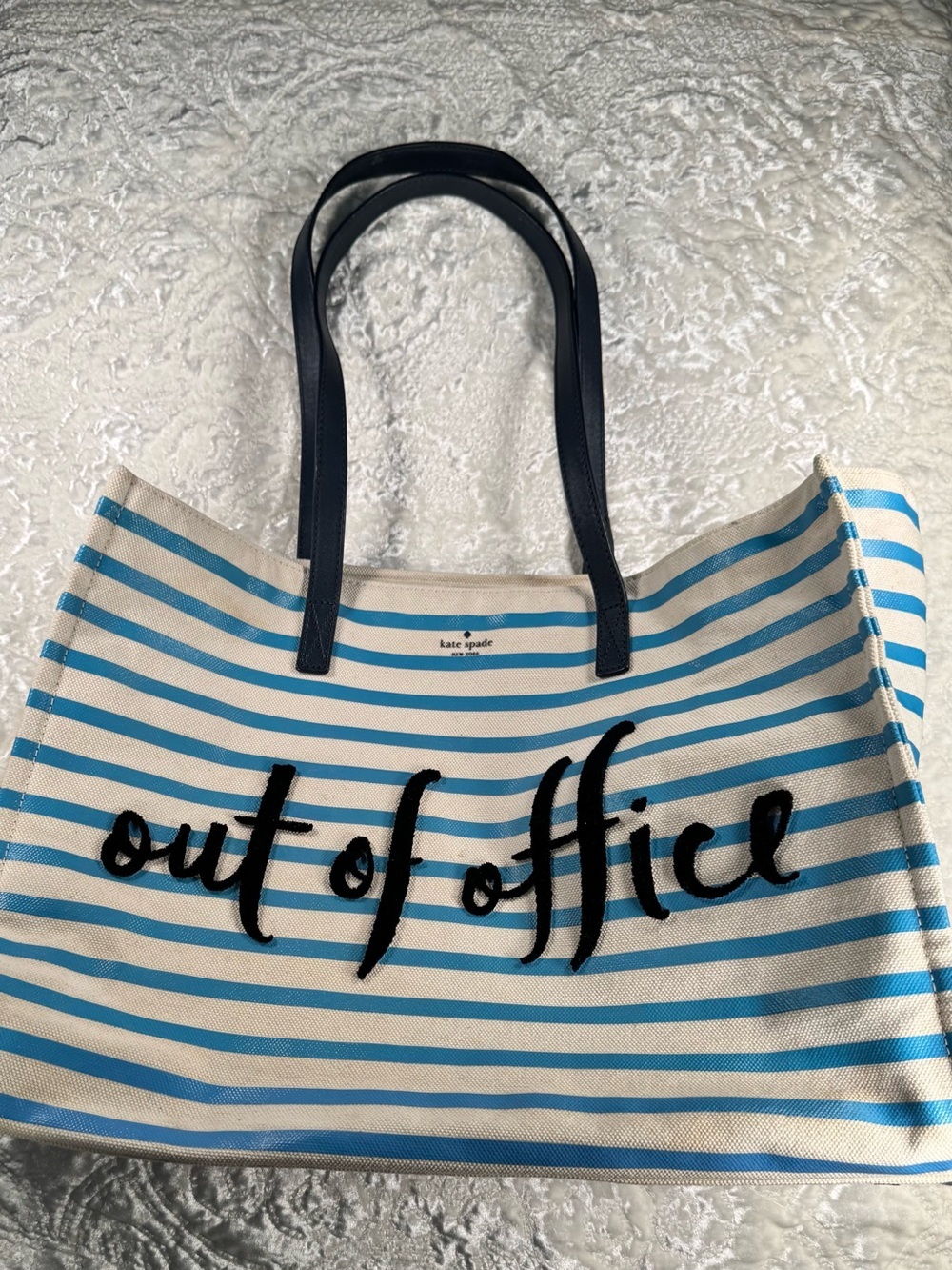 Kate Spade Blue & White Striped "Out of Office" Tote Bag  💯hard to find